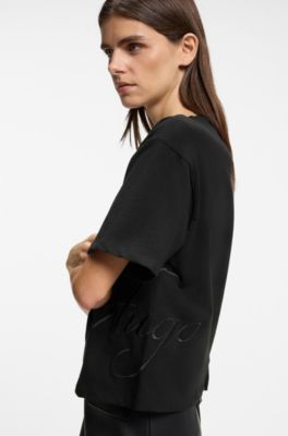 Cotton-jersey T-shirt with oversized logo embroidery, Black