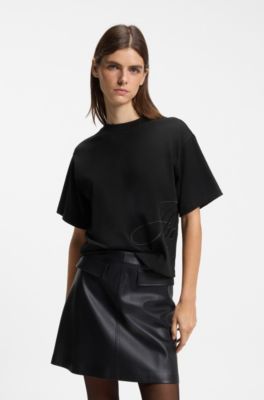 Cotton-jersey T-shirt with oversized logo embroidery, Black