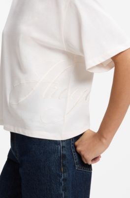 Cotton-jersey T-shirt with oversized logo embroidery, Natural