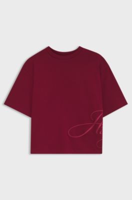 Cotton-jersey T-shirt with oversized logo embroidery, Dark Red