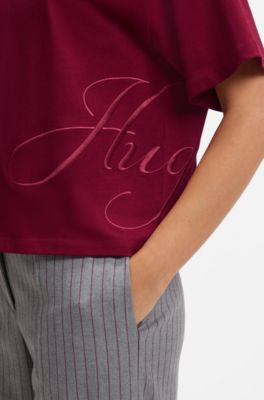 Cotton-jersey T-shirt with oversized logo embroidery, Dark Red