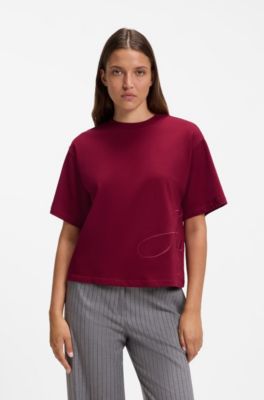Cotton-jersey T-shirt with oversized logo embroidery, Dark Red