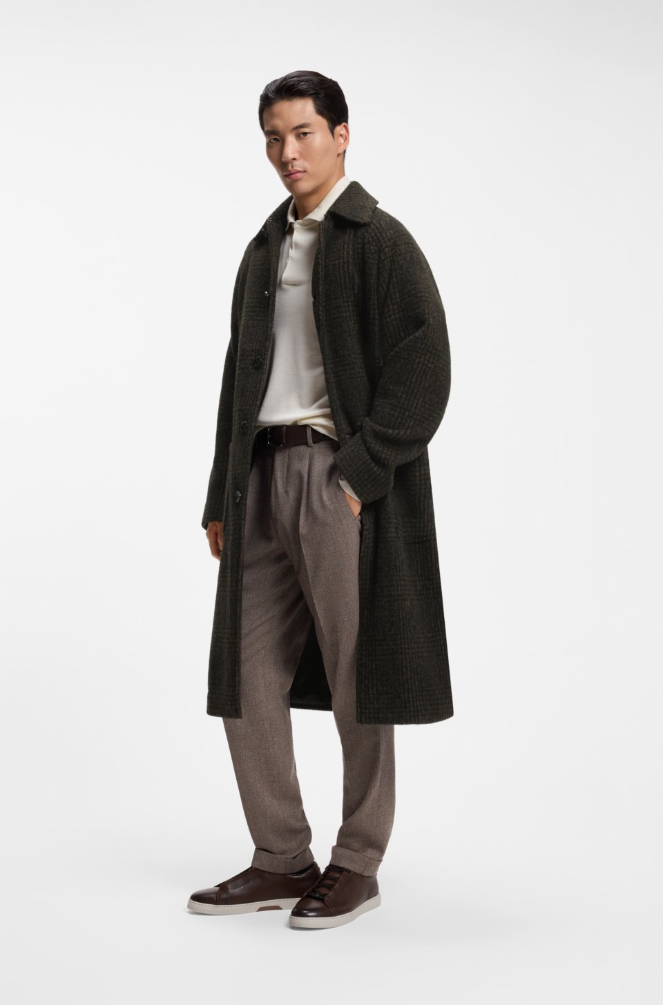 Alpaca-wool relaxed-fit coat with check pattern