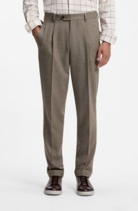 Pantaloni con fit affusolato in lana vergine e cashmere a spina di pesce, Marrone chiaro