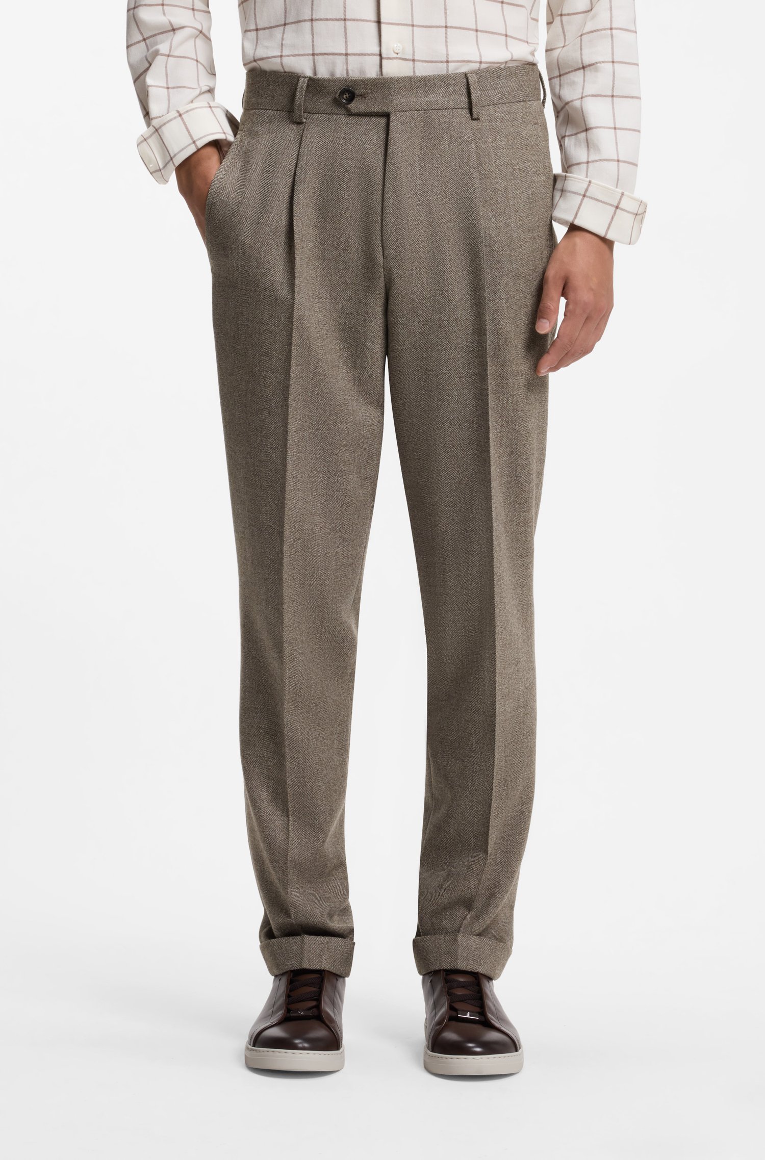 Boss Tapered-fit trousers in herringbone virgin wool and cashmere byxor