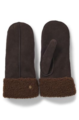 Suede mittens with faux-fur lining, Dark Brown