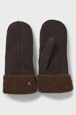 Suede mittens with faux-fur lining, Dark Brown