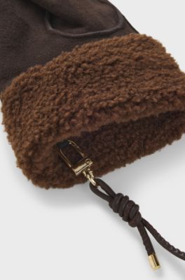 Suede mittens with faux-fur lining, Dark Brown