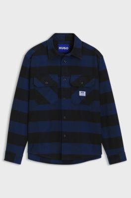 Oversized-fit shirt in buffalo-check cotton flannel, Blue Patterned