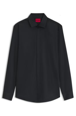 Slim-fit cotton shirt with a concealed button front, Black