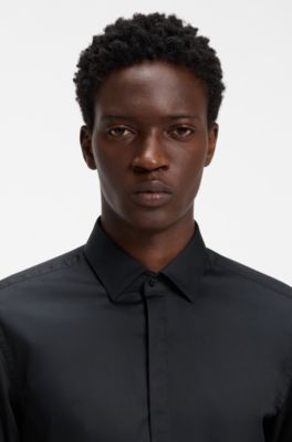 Slim-fit cotton shirt with a concealed button front, Black