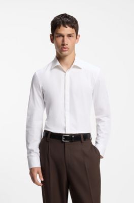 Slim-fit cotton shirt with a concealed button front, White