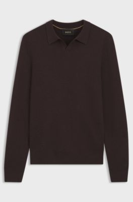 Pullover mit Johnny-Kragen aus strukturiertem Kaschmir, Dunkelbraun