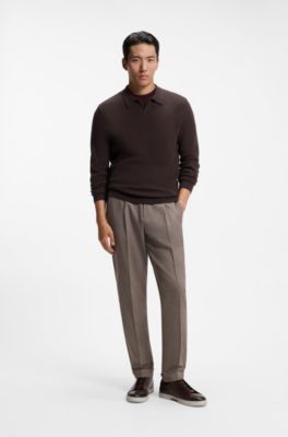 Pullover mit Johnny-Kragen aus strukturiertem Kaschmir, Dunkelbraun