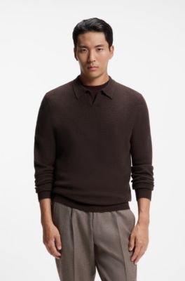 Pullover mit Johnny-Kragen aus strukturiertem Kaschmir, Dunkelbraun