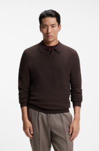 Pullover mit Johnny-Kragen aus strukturiertem Kaschmir, Dunkelbraun