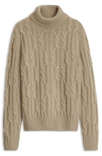 Cable-knit rollneck sweater with an Argyle design, Light Beige