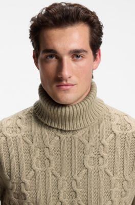 Cable-knit rollneck sweater with an Argyle design, Light Beige