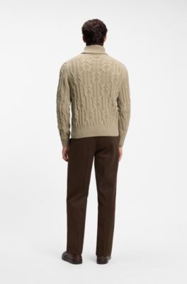 Cable-knit rollneck sweater with an Argyle design, Light Beige