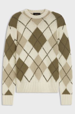 Argyle-patterned sweater in virgin-wool boucl&eacute;, Natural