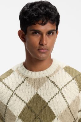 Argyle-patterned sweater in virgin-wool boucl&eacute;, Natural