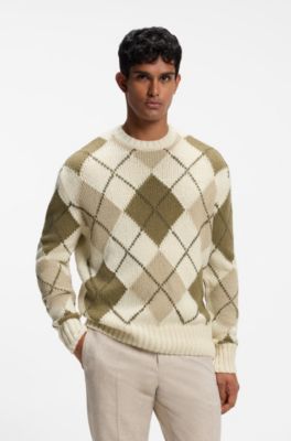 Argyle-patterned sweater in virgin-wool boucl&eacute;, Natural