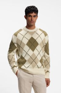 Argyle-patterned sweater in virgin-wool boucl&eacute;, Natural