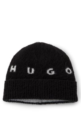 Brushed wool-blend beanie with spaced-out logo, Black