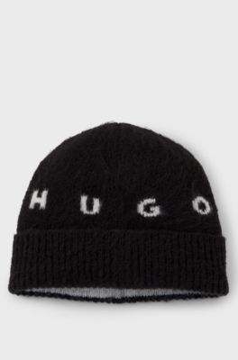 Brushed wool-blend beanie with spaced-out logo, Black