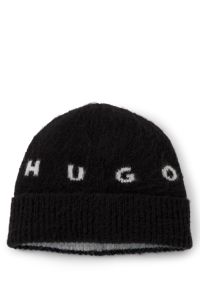 Brushed wool-blend beanie with spaced-out logo, Black