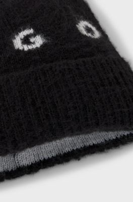 Brushed wool-blend beanie with spaced-out logo, Black