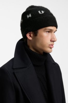 Brushed wool-blend beanie with spaced-out logo, Black