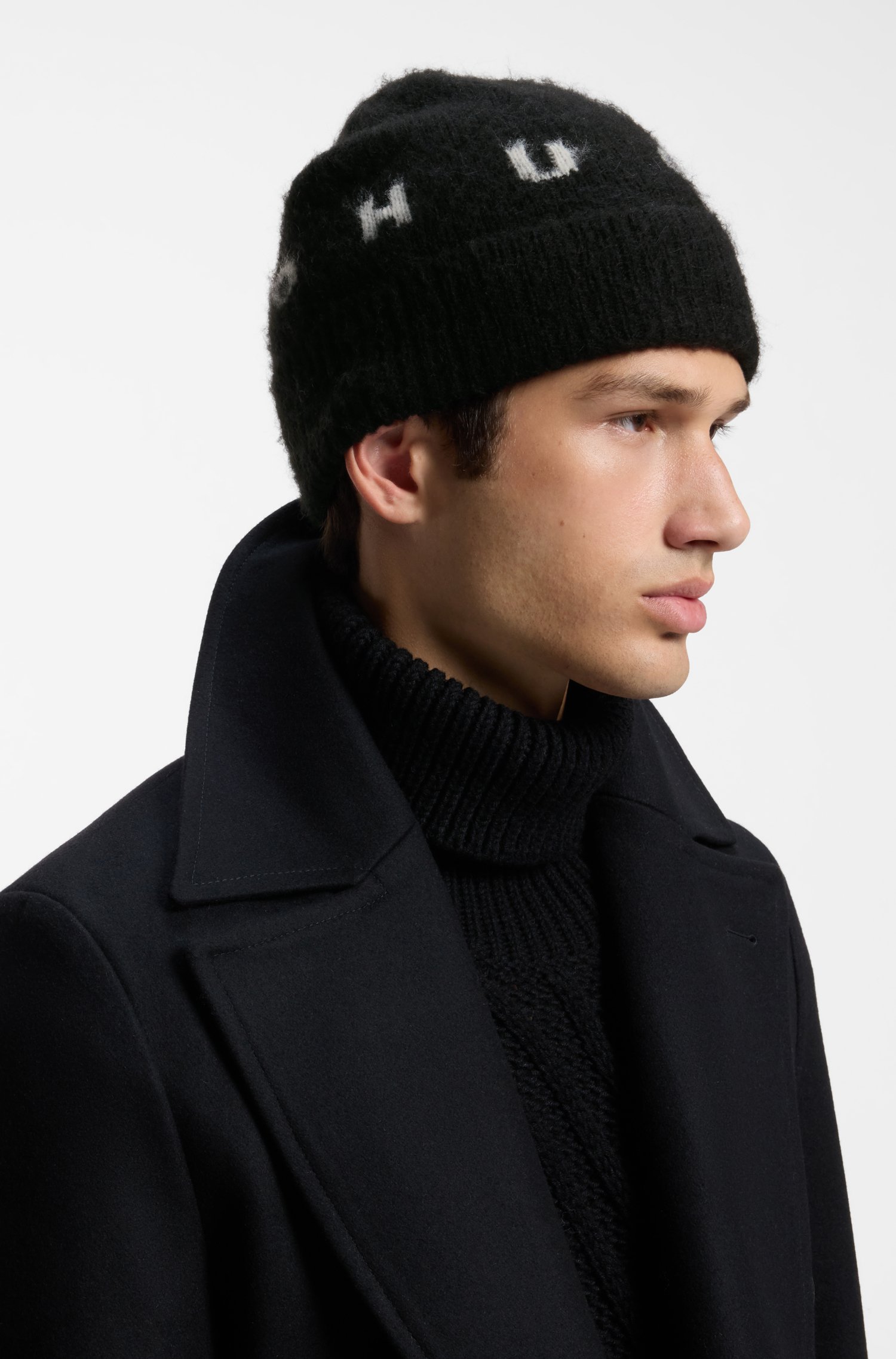 Hugo Brushed wool-blend beanie with spaced-out logo mössor herr – bild 2