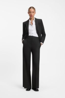 Wide-leg regular-fit trousers in stretch fabric, Black