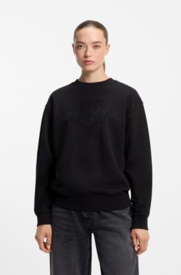 Relaxed-fit sweatshirt in cotton with rhinestone logo, Black