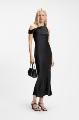 Off-the-shoulder dress in satin, Black