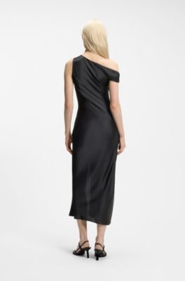 Off-the-shoulder dress in satin, Black