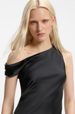 Off-the-shoulder dress in satin, Black
