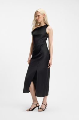 Vestito in satin con spalle scoperte, Nero