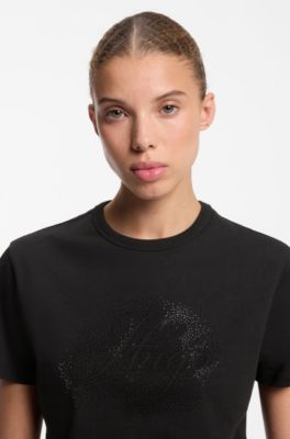 Cotton-jersey T-shirt with rhinestone logo, Black