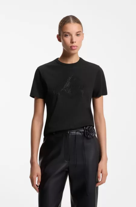 Cotton-jersey T-shirt with rhinestone logo