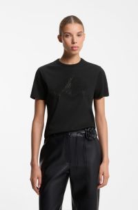Cotton-jersey T-shirt with rhinestone logo, Black