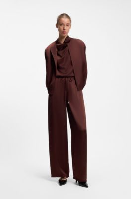 Relaxed-fit trousers in satin with drawstring waist, Brown