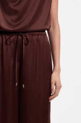 Relaxed-fit trousers in satin with drawstring waist, Brown