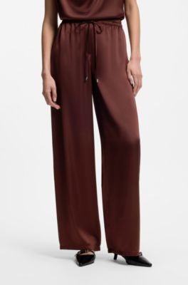 Relaxed-fit trousers in satin with drawstring waist, Brown