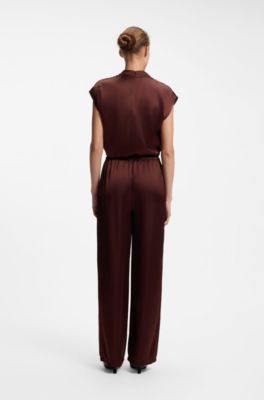 Relaxed-fit trousers in satin with drawstring waist, Brown