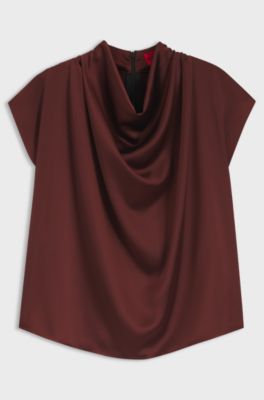 Satin top with draped neckline, Brown