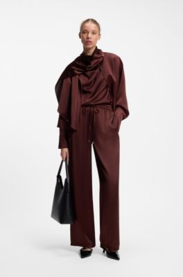 Satin top with draped neckline, Brown