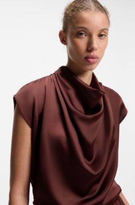 Satin top with draped neckline, Brown