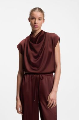 Satin top with draped neckline, Brown